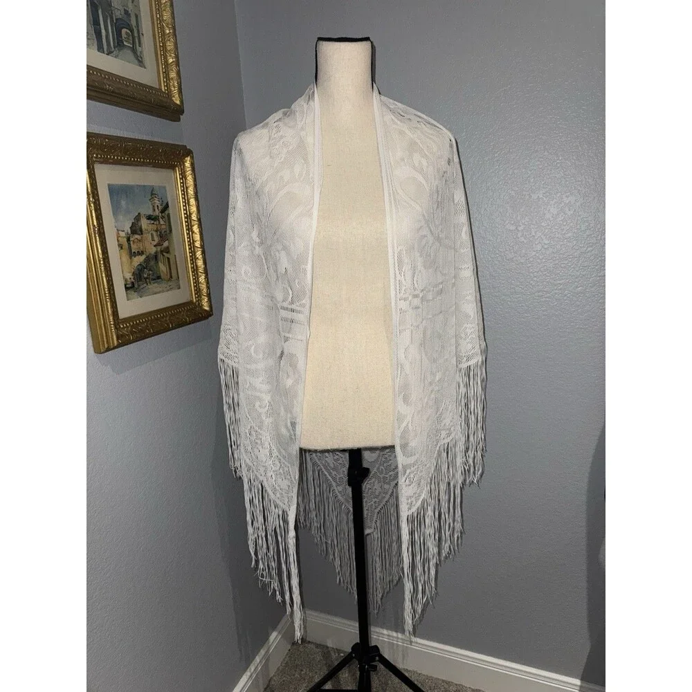 Vintage White Lace Fringe Boho Scarf 72x43” Shawl Bridal Festival Stevie Nicks